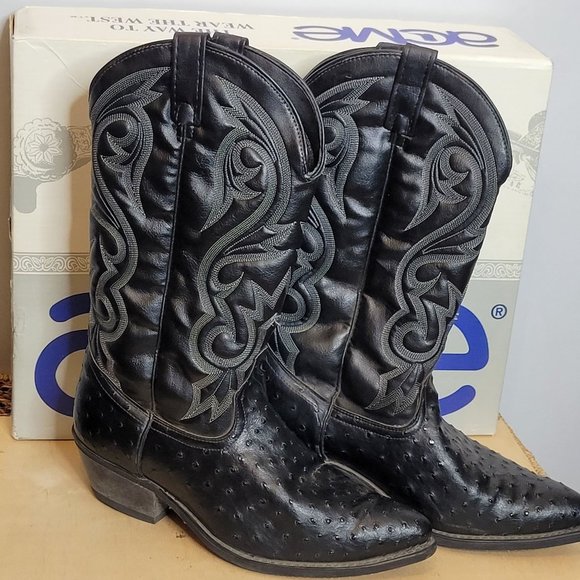 Vintage Acme Cowboy Boots Ostrich Print Mens 8.5 EW Black Original Box 80s - Picture 1 of 13